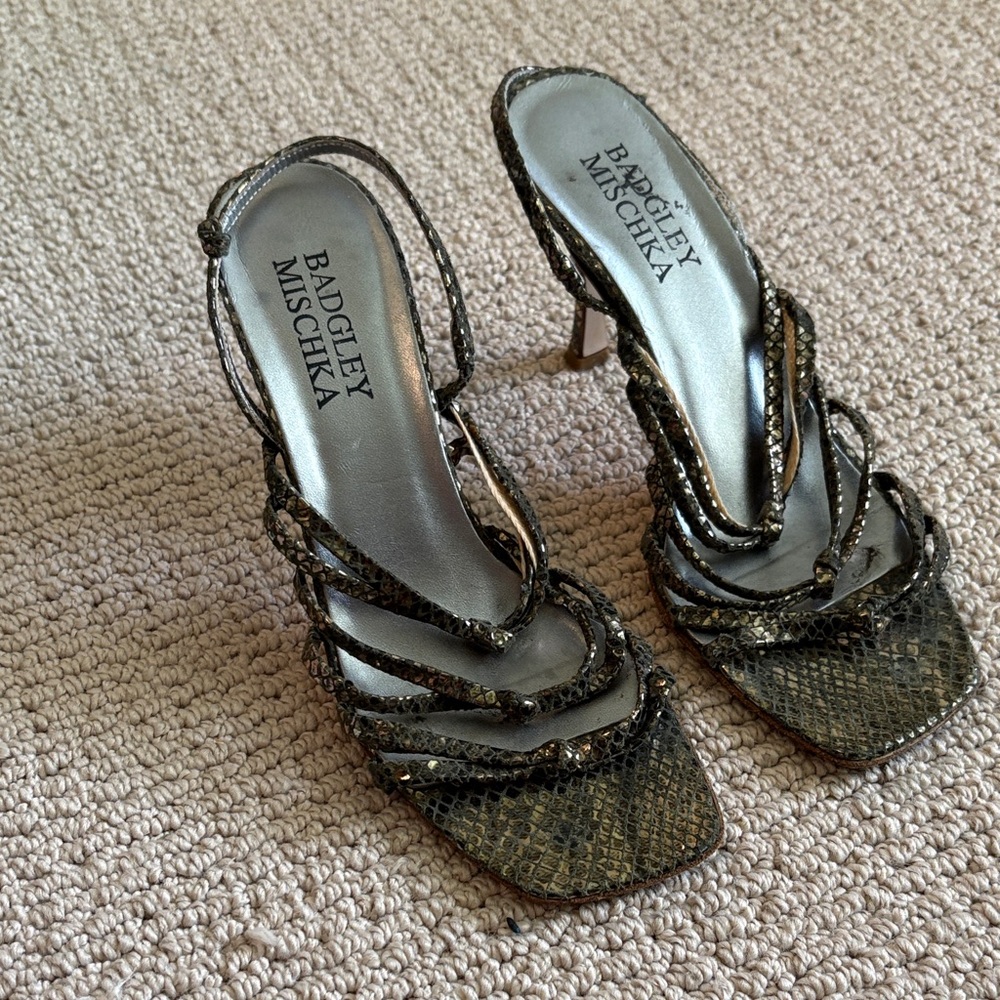 Badgley Mischka Gold Metallic Snake-Print Strappy Slingback Heels